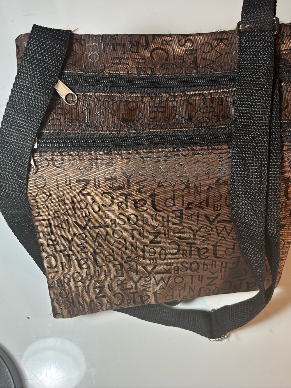 Brown Crossbody Shoulder Bag with Printed Alphabet Pattern